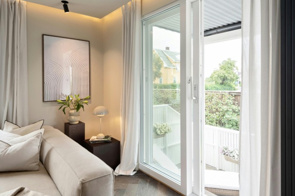 Sliding glass doors opening to a patio